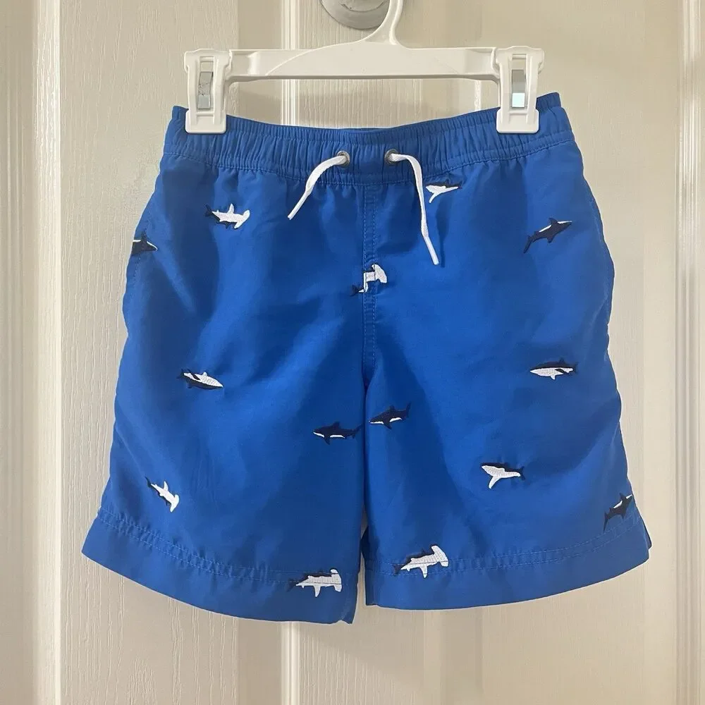 Hanna Andersson Blue Embroidered Sharks Swim Trunks Shorts Boys Size 120 US 6-7
